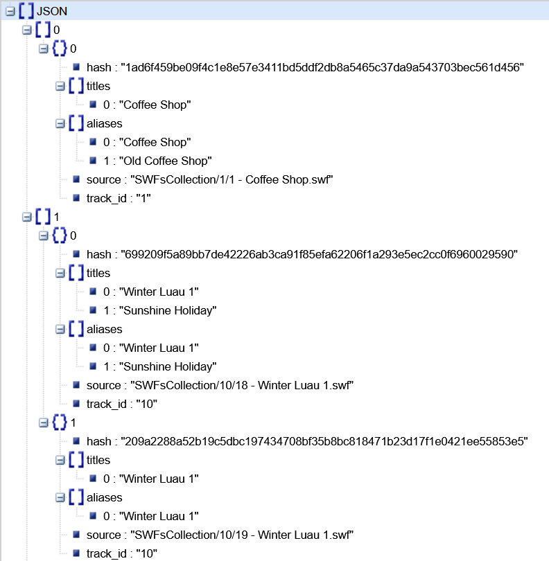 A JSON file including the hashes and aliases of tracks (Excerpt)