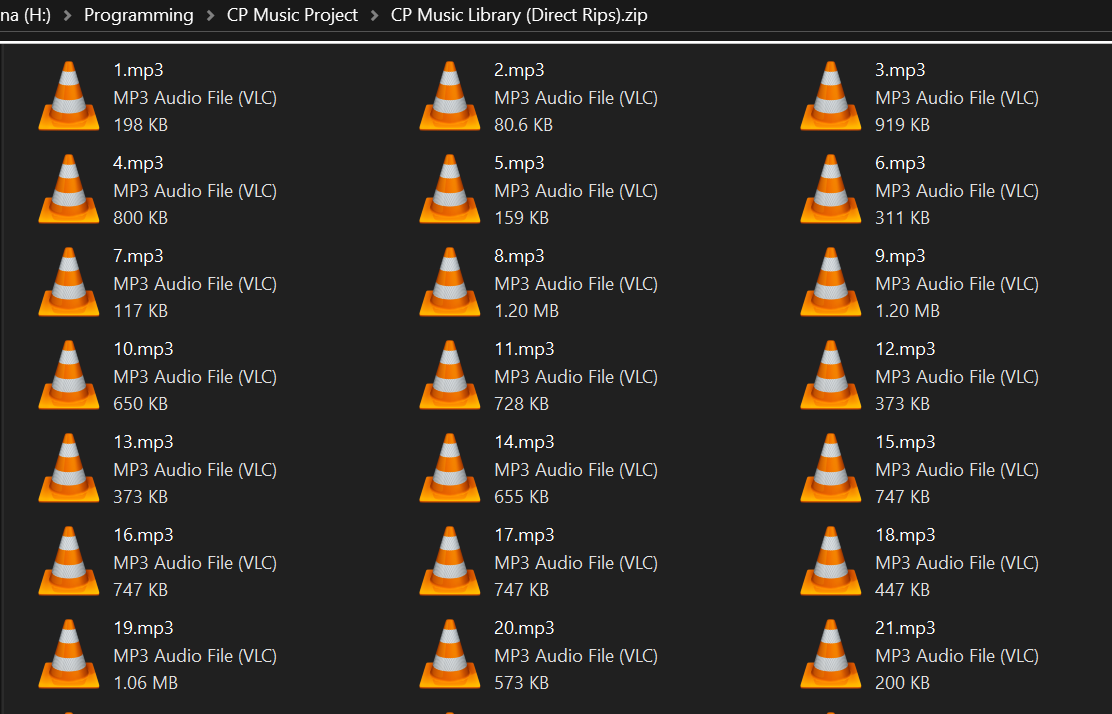 A collection of unique music tracks, after duplicate files are removed and separated audio segments are concatenated (Excerpt)