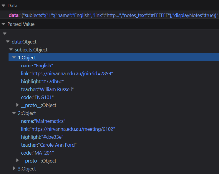 Data as saved in local storage