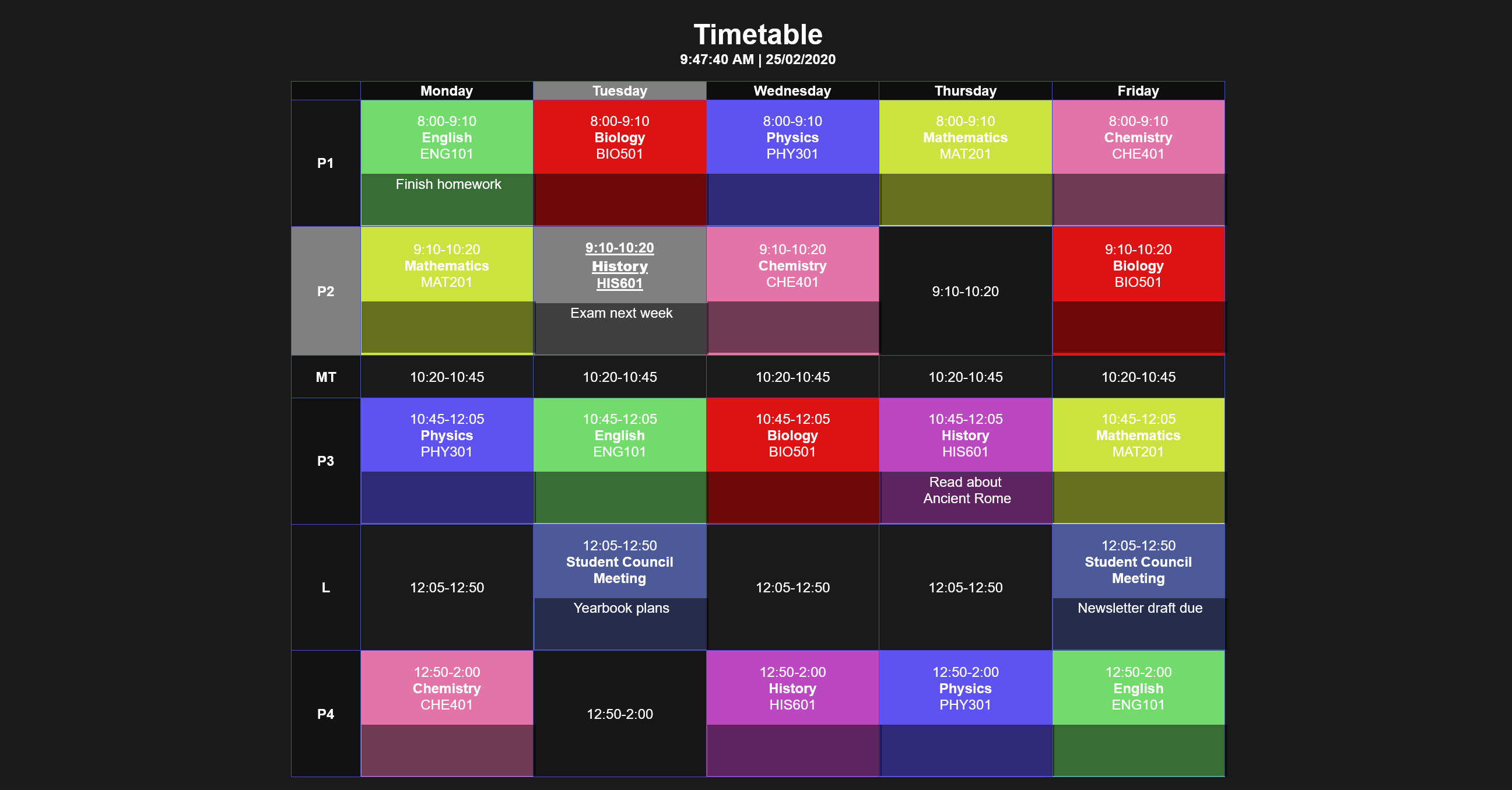 Timetable with notes