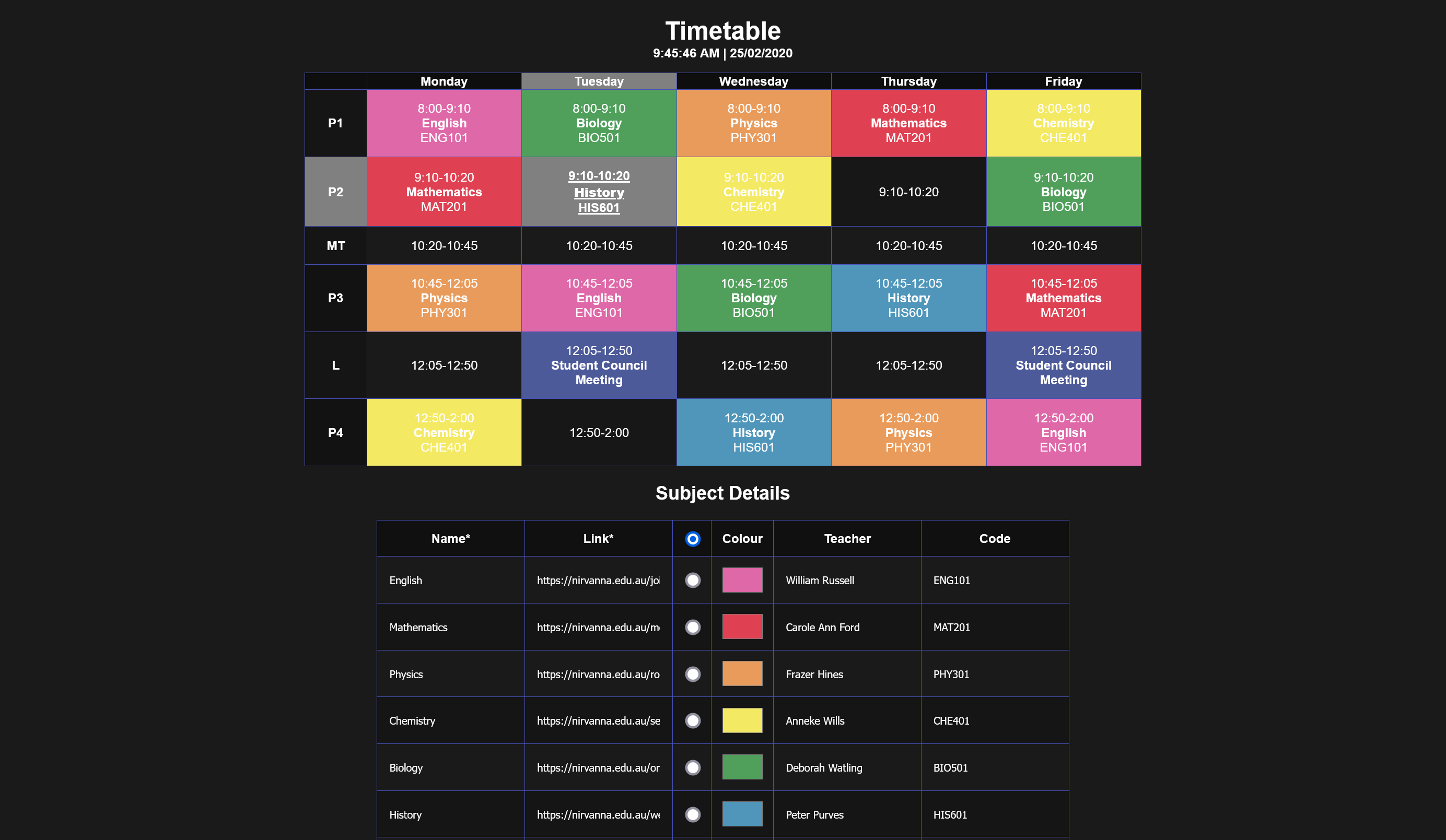 Interactive Timetable Web App